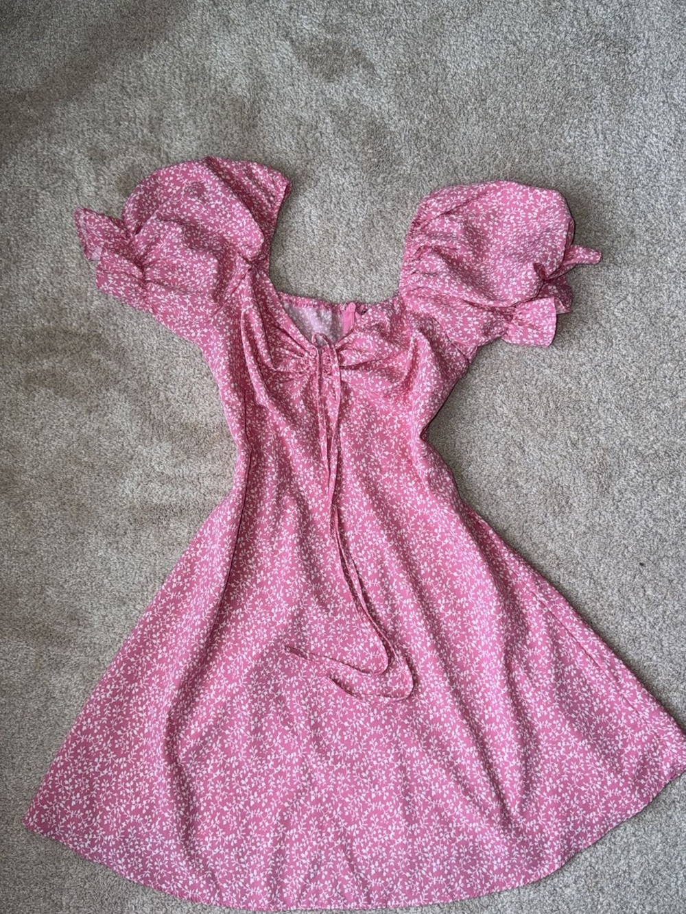 SHEIN Pink Floral Puff-Sleeve Tie-Front Dress